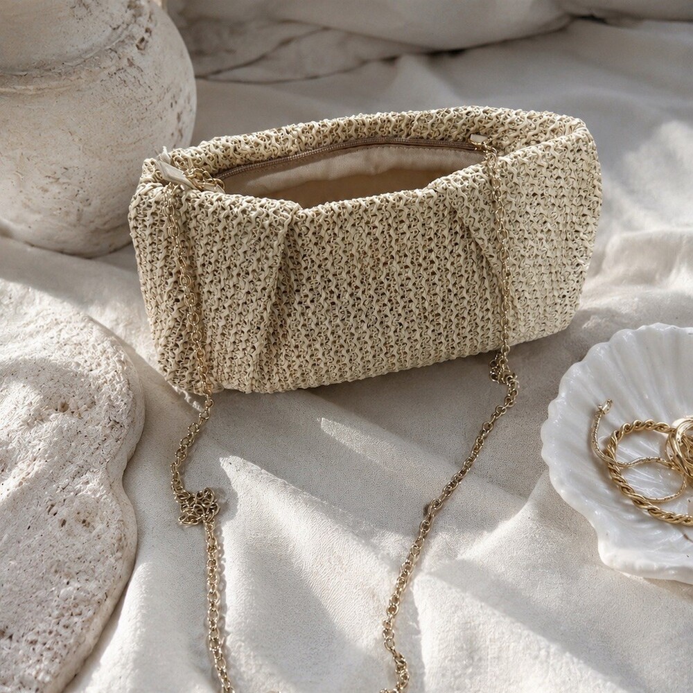 Capitanna straw Clutch Bag Beige Gold Chain- purse summer beach luxury gift